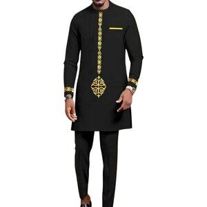 African Formal Dashiki black & Gold Shirt & Pant Suit Traditional Dress Outfit